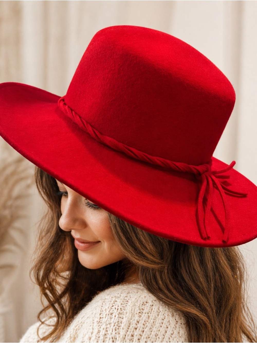 Something Special SS  Bright Red 100% Wool Wide Brim Hat With Braided Band